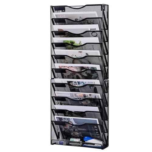 10-Tier Wall File Organizer, Mesh Mail Organizer Wall Mounted Paper Document Holder, Vertical Magazine Rack, Metal Hanging Clipboard Storage Basket for Office Home School Organization, Black