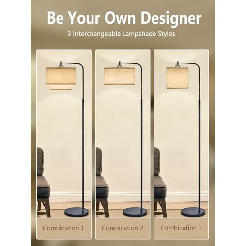 64" Modern Floor Lamp for Living Room Bedroom, Arc Floor Lamp with 3 Color Temperatures, Standing Lamp with Double Oatmeal Linen Lampshade, Tall Lamp with A19 12W LED Bulb, Foot Switch Control, Black