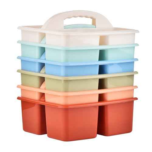 Plastic Storage Caddy Organizers, 6 Pcs Portable Teacher Classroom Supply Caddies with Handle, 3-Compartment Utility Craft Art Caddy for Kids, School Classroom and Office Organization, Boho Colors