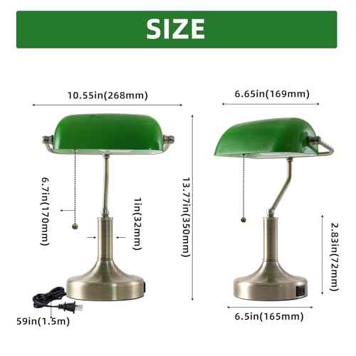 Banker Desk Lamp Green Glass, Antique Desk Lamps with Brass Base, Traditional Library Table Lamp with USB A and Type C Charging Port for Office, Study Room, Pull Chain Switch