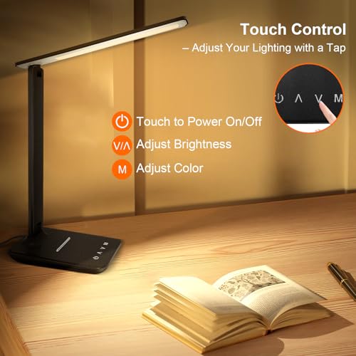 Shinelife Black LED Desk Lamp 500LM Touch Control with USB Charging for Office & Home