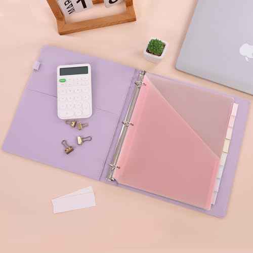 SKYDUE Pastel Binder Dividers with Tabs and Pockets - Soft Plastic Dividers for 3 Ring Binder, Includes 16 Blank Index Labels, for School & Office Organization, Pink