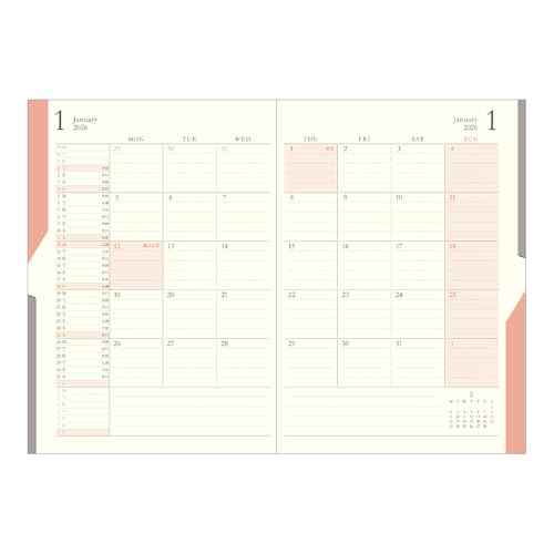 Midori Double Schedule Notebook, 2026, B6, Monthly Limited Edition, Bookmark Included, Progress, Light Pink 22383006 (Starts in October 2025)