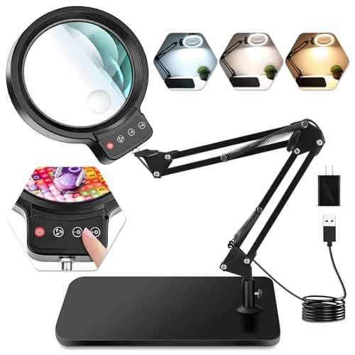 10X 30X Large Magnifying Glass with Light and Stand, 5-inch Lighted Magnifier, 72 LED 3 Color Modes Stepless Dimmable, Hands-Free Magnifying Glass Desk Lamp for Reading Craft Hobby Close Work Black