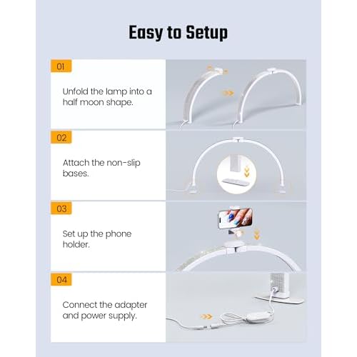 Half Moon Light for Nail Desk, Foldable Arch Nail lamp for Desk with Rhinestones,CRI¡Ã90 LED with Phone Holder, Shadowless Table Lamp Perfect for Manicure Handicraft Lighting,White