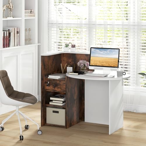 GIANTEX Brown & White Reception Desk with Lockable Drawer & Adjustable Shelves