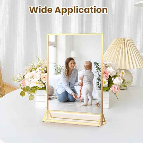 Acrylic Sign Holder 8.5X11 Gold Frames Double-Sided Gold Picture Frames for Menu Holder Wedding Table Numbers Display Stand with Removable Sticky Dots -6 Pack