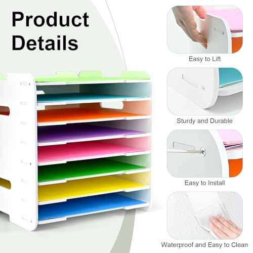 12x12 Paper Organizer, 8-Tier Scrapbook Paper Storage, Stackable Desktop File Holder for Home, Office, Classroom, and Craft Room