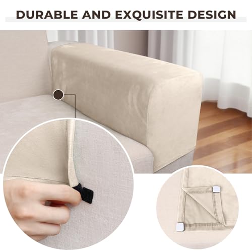 Taque Cream Velvet Stretch Armrest Covers 2Pcs - Sofa Armrest Slipcovers, Anti-Slip