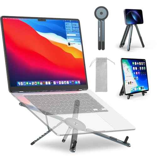 Adjustable Laptop Stand for Desk with Magnetic Phone Holder, MagSafe Compatible Portable Foldable Computer Riser for MacBook, iPhone, iPad, Tablet - Perfect for Office, Home, Traveling