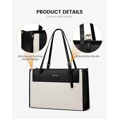 LOVEVOOK Laptop Tote Bag For Women 17.3 Inch Stylish Leather Work Tote Bag Purse Large Capacity And Waterproof Computer Briefcase For Business Office Travel, White-Black