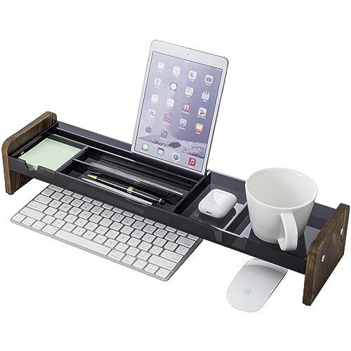 MyGift Premium Dark Gray Acrylic Desk Storage Tray with Rustic Burnt Solid Wood Side Panel Legs, Office Desktop Over Keyboard Supplies Holder, Includes Cable Organizer
