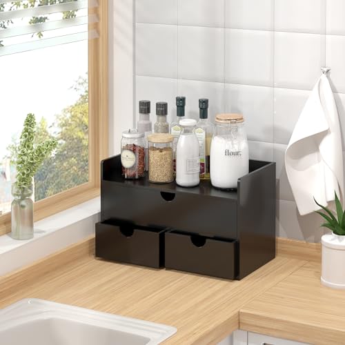 Bamboo Desk Organizer with Drawers Desktop Storage Drawers for Bills Office Supplies Kitchen Utensils Organizing Tool for Home Classroom Organization No Assembly (Black with Shelf)