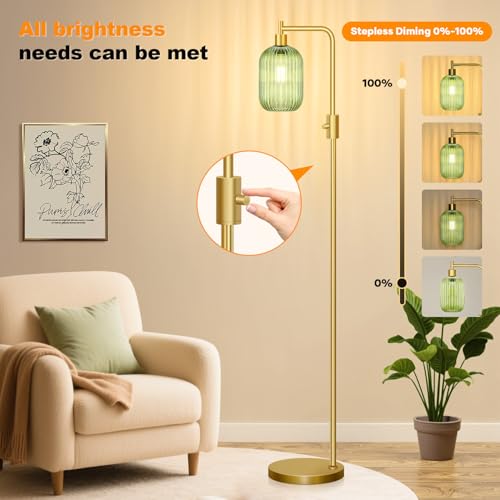 ¡¼Upgraded¡½ Dimmable Glass Floor Lamp for Living Room, Modern Gold Standing Lamp with Green Ribbed Glass Lampshade & Knob Dimmer, Arc Tall Lamp for Bedroom Office Reading Room, 2700K Led Bulb Included