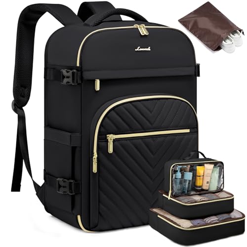 LOVEVOOK Large Travel Backpack for Women, 50L Carry on Backpack for Airplanes, TSA Personal Item Travel Bag for Women fits 18" Laptop, Waterproof Carry on Bags with 4 Packing Cubes, Black