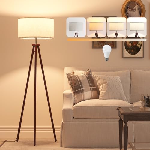 LiteHistory Wood Tripod Floor Lamps for Bedroom, Living Room, and Office, Corner lamp with Beige Linen Shade, 12W Three-Color Bulb Included, Pull Chain Switch, Gifts for mom for Home Decor, Walnut