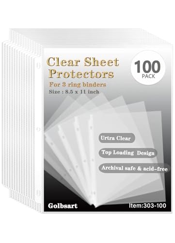 Golbsart 100 Pack Sheet Protectors for 8.5 x 11 Paper, Top-Loading Binder Sleeves - Clear, Heavy Duty, 3-Ring Compatible