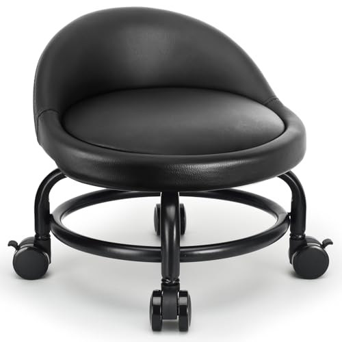 LWADALN Style 4 Rolling Stool with Backrest – 9.37in Height, 300lb Capacity, PU Leather