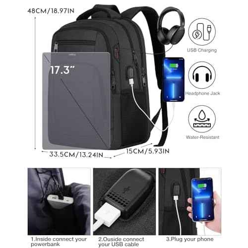 17.3 Inch Laptop Backpack Men for Student Teen Boy,School Bookbag Schoolbag College Computer Bag with USB Charging Port for Work Business Middle High School,Black