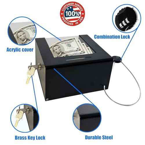 Steel Locking Tip Box - Heavy-Duty Secure Tip Jar with Combination Cable Lock, Ideal for Taxi Tips, Donations, Suggestions, Business Cards, Cash, and More in Family Churches, Restaurants, and Events.