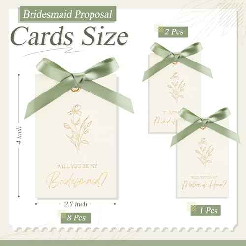 11 Pcs Bridesmaid Proposal Card with Ribbon Bow Floral Metallic Bridal Gift 8 Will You Be My Bridesmaid 2 Maid of Honor 1 Matron of Honor Invitation for Bridal Shower(White, Sage Green)