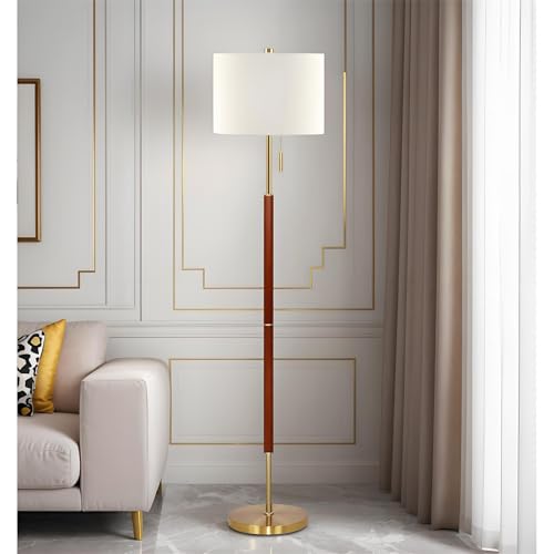 62" Walnut Gold Floor Lamp for Living Room, 1200LM 3-Way Dimmable Mid Century Modern Floor Lamp for Bedroom Office, Wood Vintage Standing Lamp Linen Shade, LED Bulb Included