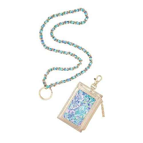 Lilly Pulitzer Lanyard with ID Holder, Keychain Wallet for School or Office, Gold Zipper Wallet, Badge Holder with Clear Window and Card Slots, Soleil It On Me