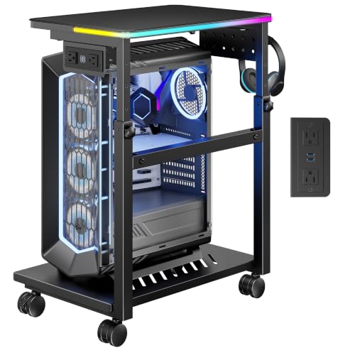 ARES WING RGB Adjustable CPU Tower Stand with Locking Casters and USB Charging