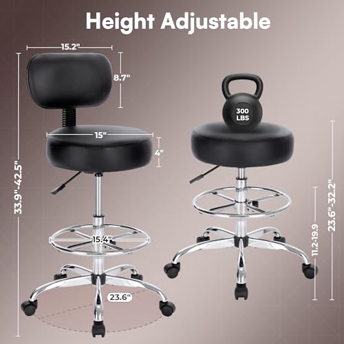 SUPERJARE Black Drafting Chair with Backrest & Adjustable Footrest - Rolling Stool