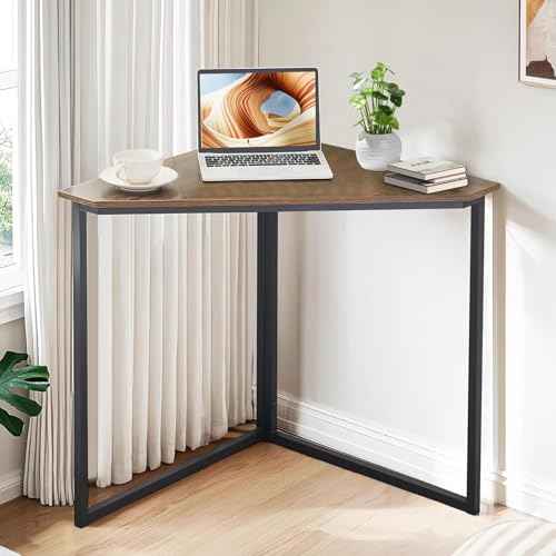 VECELO ?¬àrn¬Ör Desk, Corner Tables for Living Room for Small Space Triangle Computer Desk with Steel Frame ?¬àrn¬Ör Shelves with Metal Frame ?¬àrn¬Ör Writing Desk for Workstation Retro Brown 33.1"