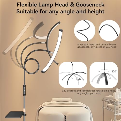 Lash Light for Eyelash Tech, Gooseneck Floor Lamp Led Half Moon Ring Light for Eyelash Extensions, Tattoo Artist, Nail Tech, Esthetician, Cool/Warm Modes, Dimmable Brightness, Movable Tray