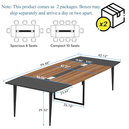 8ft Conference Table Walnut & Black Boat-Shaped Meeting Table with Grommet - Modern Office Furniture