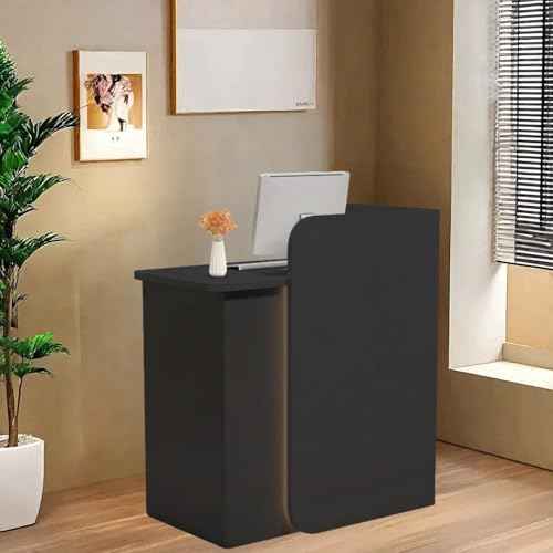 Modern Reception Desk with Curved Privacy Panel & LED Light Strip, Lockable Drawers, 6 Color Options Front Counter Desk, Retail Checkout Counter for Salon, Office, Boutique(Black)