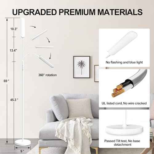 White Floor Lamp, 18W 1800LM Bright LED Floor Lamps for Living Room Bedroom, Dimmable Timing Eye Caring Reading Standing Lamp with Remote & Works with Smart Plug