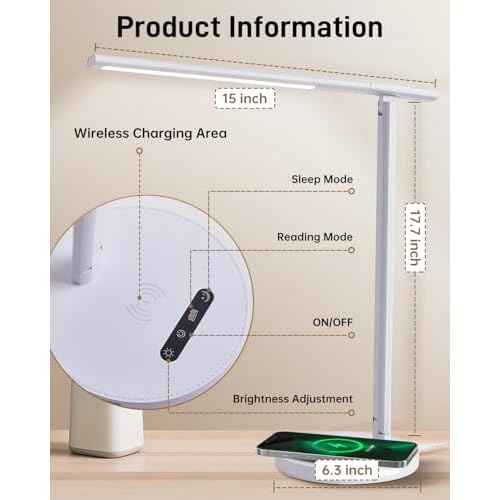 LED Desk Lamp with Wireless Charger, Stepless Dimming Desk Light with 3 Color Modes, Foldable Eye-Caring Study Reading Table Lamp with Night Light for College Dorm Home Office Bedroom Beside(White)