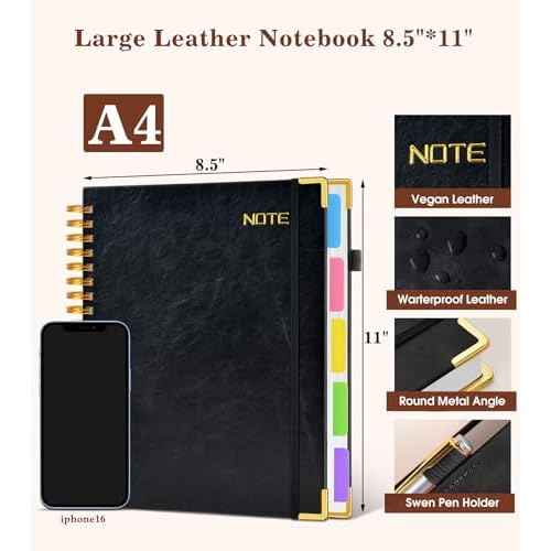 Hardcover Large Spiral Notebook 8.5" x 11" with Removable Dividers Tabs, 300 Pages Leather 5 Subject Notebook College Ruled, A4 Journal for Women Men, Notebooks for Work School Note taking,Black