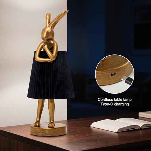 Rabbit Table Lamp with Linen Shade & Gold-Toned Resin Base Cordless Rechargeable LED Table Lamp for Kids Room, Bedroom, Nightstand, Nursery.
