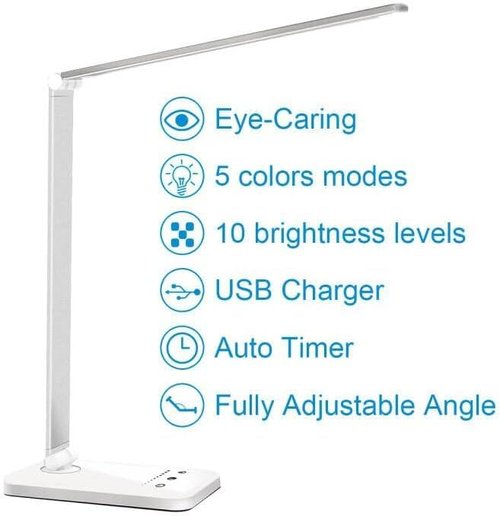 White crown LED Desk Lamp Dimmable Table Lamp Reading Lamp with USB Charging Port, 5 Lighting Modes, Sensitive Control, 30/60 Minutes Timer (White, First-Generation)