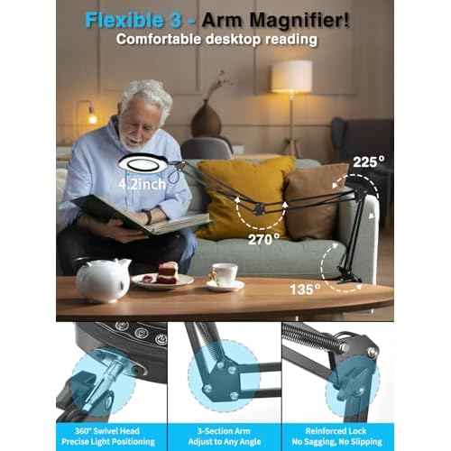 15X Magnifying Desk Lamp with Light, 5 Color Modes & Stepless Dimming, 3-Section Swing Arm with Clamp/Stand for Crafts/Jewelry Repair/Reading (84 LEDs, Real Glass Lens)(Black)
