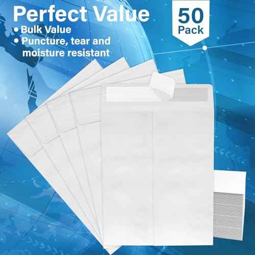 9 x 12 Envelopes, Tyvek Envelopes 9x12, Catalog Envelopes 9x12, Self Sealing Closure, Tyvek Material, 14 lb., Puncture, Tear & Moisture Resistant (50 Pack)