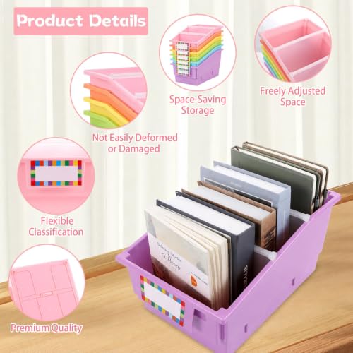 Candy Color 6 Pack Classroom Book Bins with Dividers & Labels – Storage Organizer