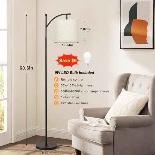 Ambimall 60" Floor Lamp with Remote Control and Stepless Dimmable Bulb, Colors Temperature & Brightness Adjustable, Modern Floor Lamps for Living Room£¨Beige Shade & Black Pole£©