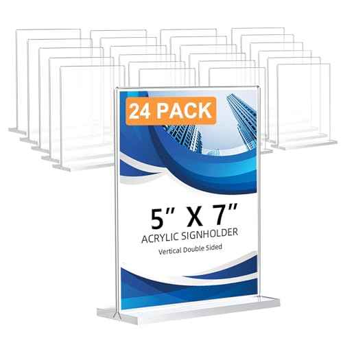 24 Pack Acrylic Sign Holder 5 x 7, Double-Sided Clear Sign Holder Plastic Stands for Display, T Shape Acrylic Table Sign Stands for Office Store Restaurants Wedding Party Decoration