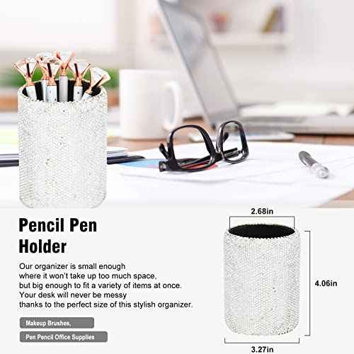 Bling Crystal Luxury Handmade Diamond Round Pencil Pen Pot Holder & Stapler & Card Holder & Desktop Tape Dispenser Office Stationery Kit for Fashion Girls Women(White)