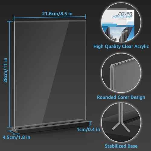 Acrylic Sign Holder 8.5x11, 10 Pack Double Sided Clear Display Stand with Black Base, T-Shape Table Number Holders, Plastic Picture Frames, Menu Brochure Sign Holder for Office, Show Fair, Restaurants