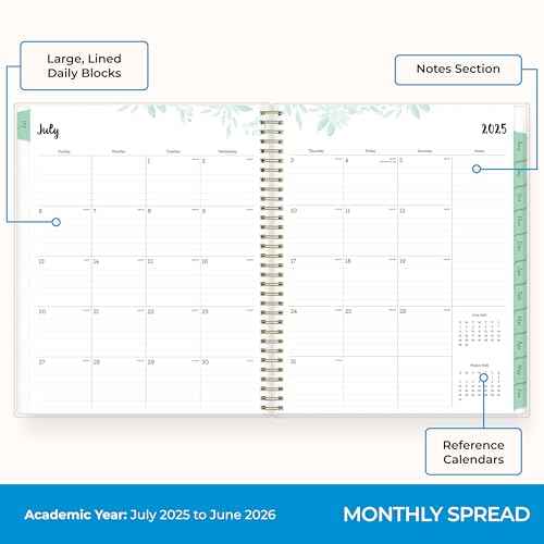 Blue Sky 2025-2026 Weekly and Monthly Academic Year Planner Calendar, July 2025 - June 2026, 8.5" x 11", Flexible Cover, Wirebound, Laminated Tabs, Storage Pocket, Laurel