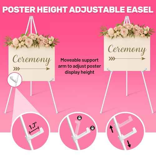 3 Pack White Easel Stand for Sign & Poster - 63" Adjustable Metal Easels for Wedding Welcome Sign, Painting, Canvas, Art Display - Portable Folding Tripod with Carry Bag, Holds 5 Lbs