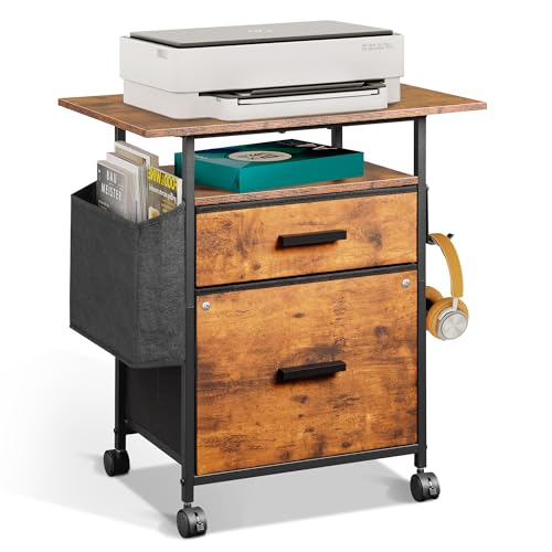 File Cabinet Printer Stand, Fabric Mobile Filing Cabinet with 2 Storage Drawers, for Hanging A4, Letter Size File Folders, Open Shelf with Storage Bag and Hooks Home Office, Rustic Brown