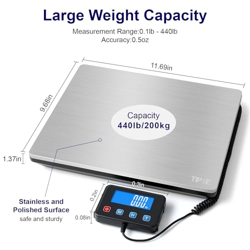 TIPRE 440lb Silver Stainless Steel Heavy Duty Digital Postal Scale with LCD & Type-C