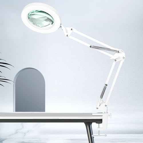 HITTI 10X Magnifying Glass with Light, 1800 Lumens Stepless Dimmable, 3 Color Modes, 4.2¡È Real Glass Lens LED Magnifying Lamp with Clamp, Magnifier Light and Stand for Craft Reading Workbench-White